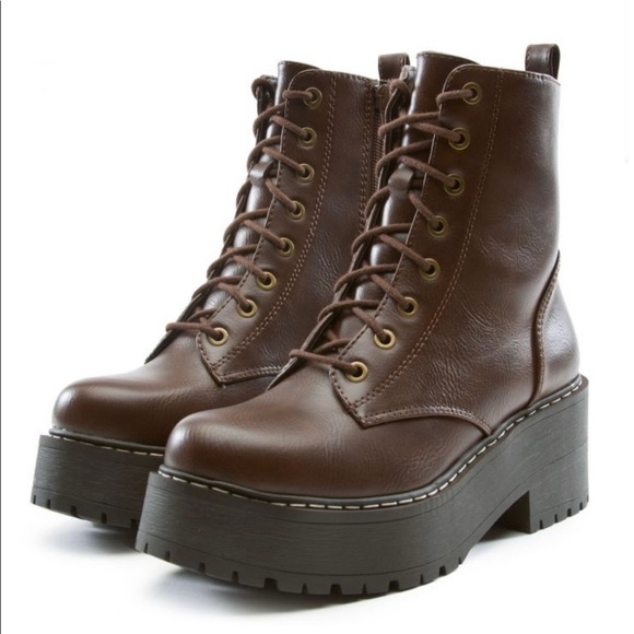 Brown Lace Up Platform Combat Boots - Picture 3 of 9